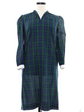 Vintage 70s Home Sewn Plaid Midi Dress Navy Green Cotton Pockets Women's Large